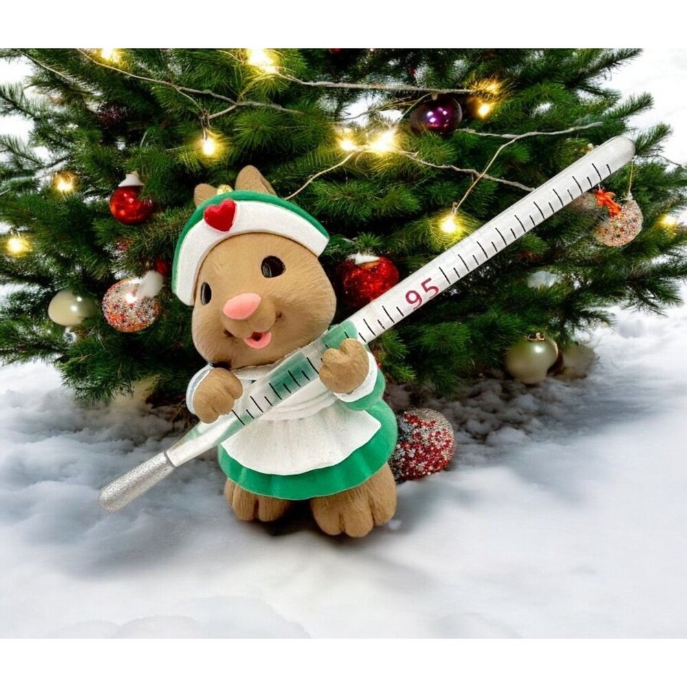 Vintage Hallmark Christmas Fever Tree Ornament Nurse Rabbit Thermometer